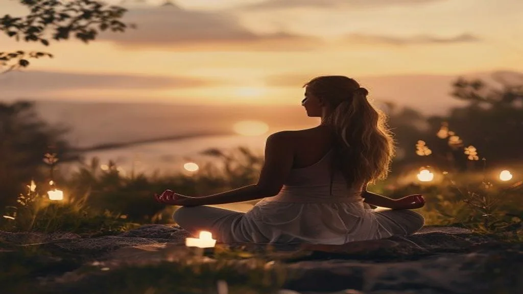 A person sitting outdoors at sunset surrounded by candlelight