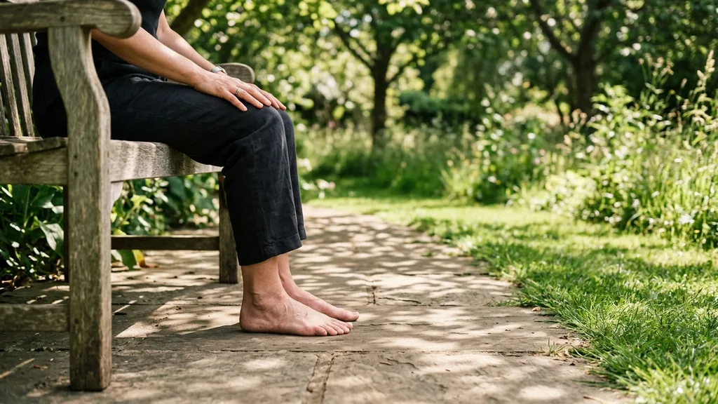 A person sitting on a bench with bare feet pressed flat against the ground
